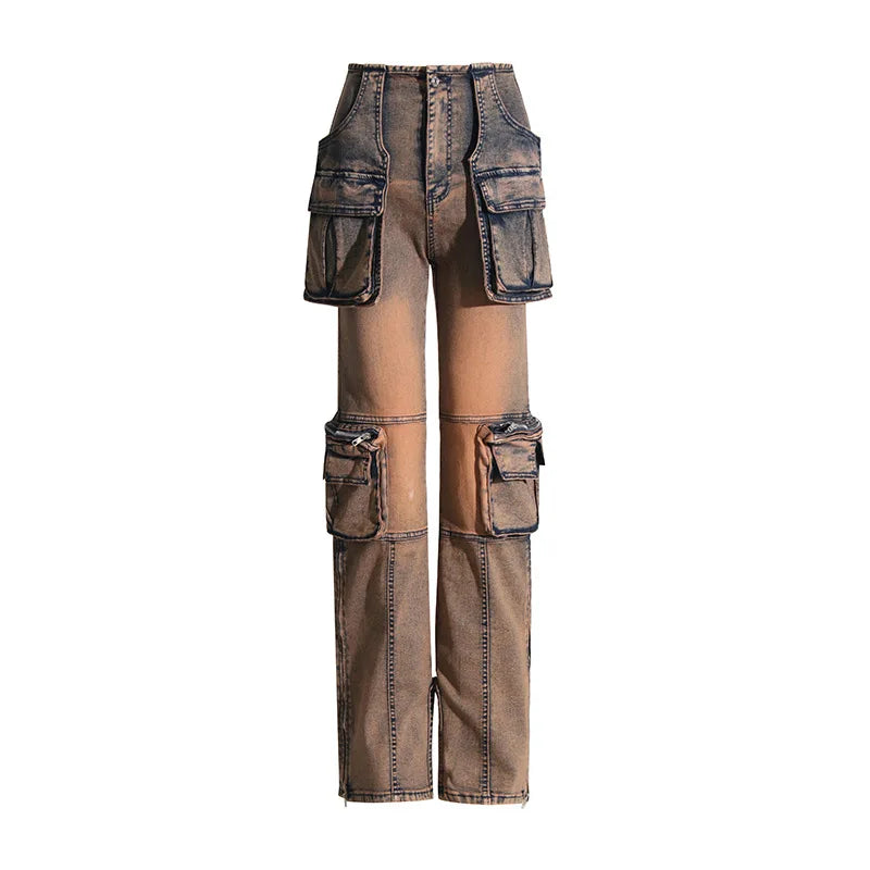 Trend4us Streetwear Vintage Multi-Pocket Wide-Leg Cargo Jeans