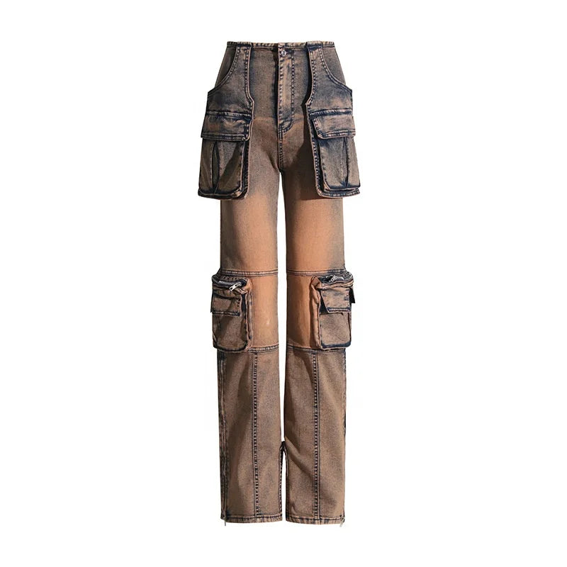 Trend4us Streetwear Vintage Multi-Pocket Wide-Leg Cargo Jeans