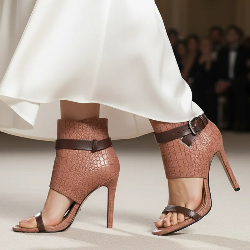 Trend4us Luxe Embossed Buckle Open-Toe Stiletto Booties