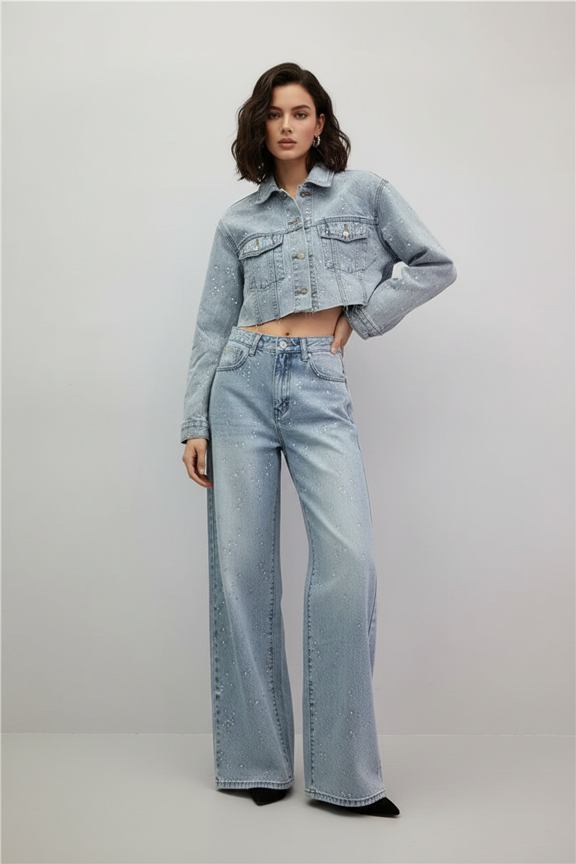 Trend4us Luxe Crystal Cropped Denim Jacket & Wide-Leg Jeans Set