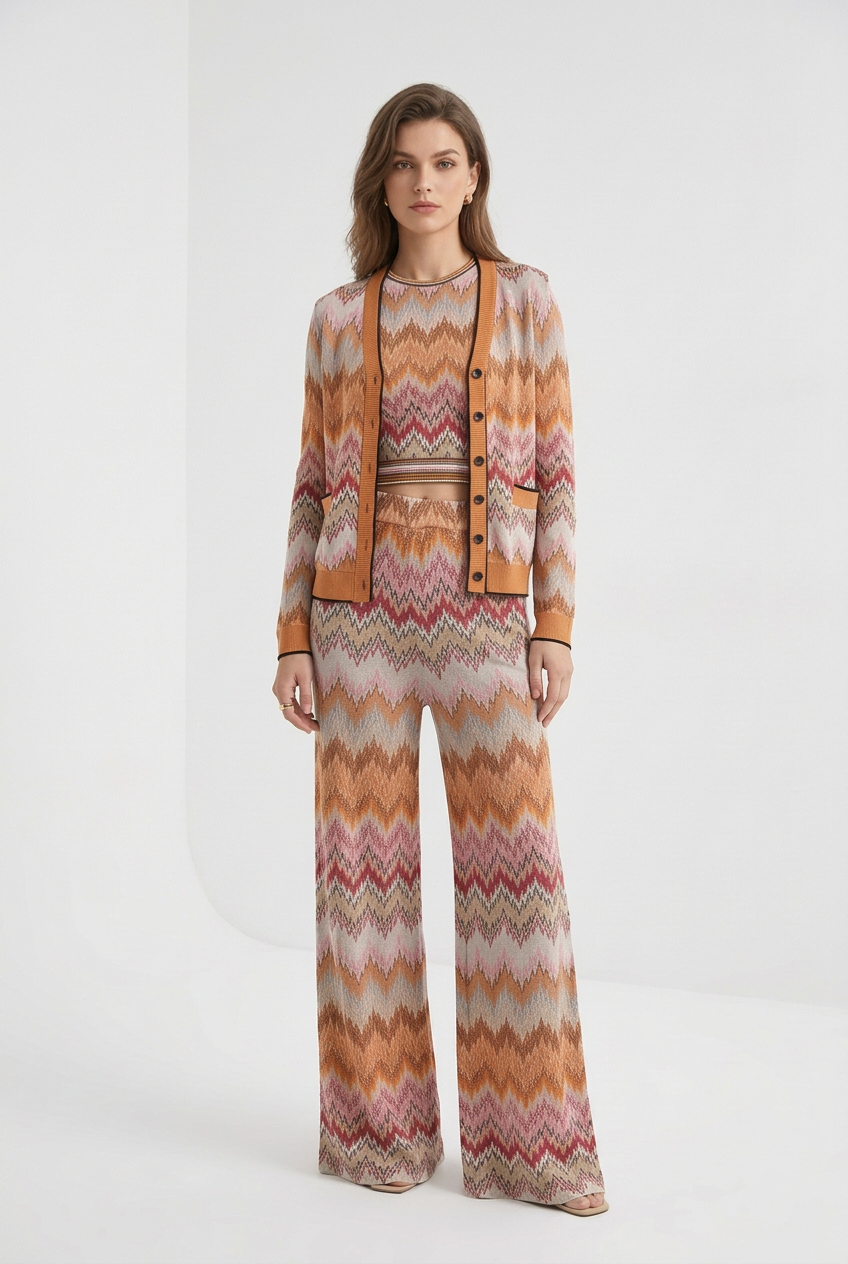 Trend4us Zigzag Knit Cardigan, Tank Top & Flared Pants Set - orange