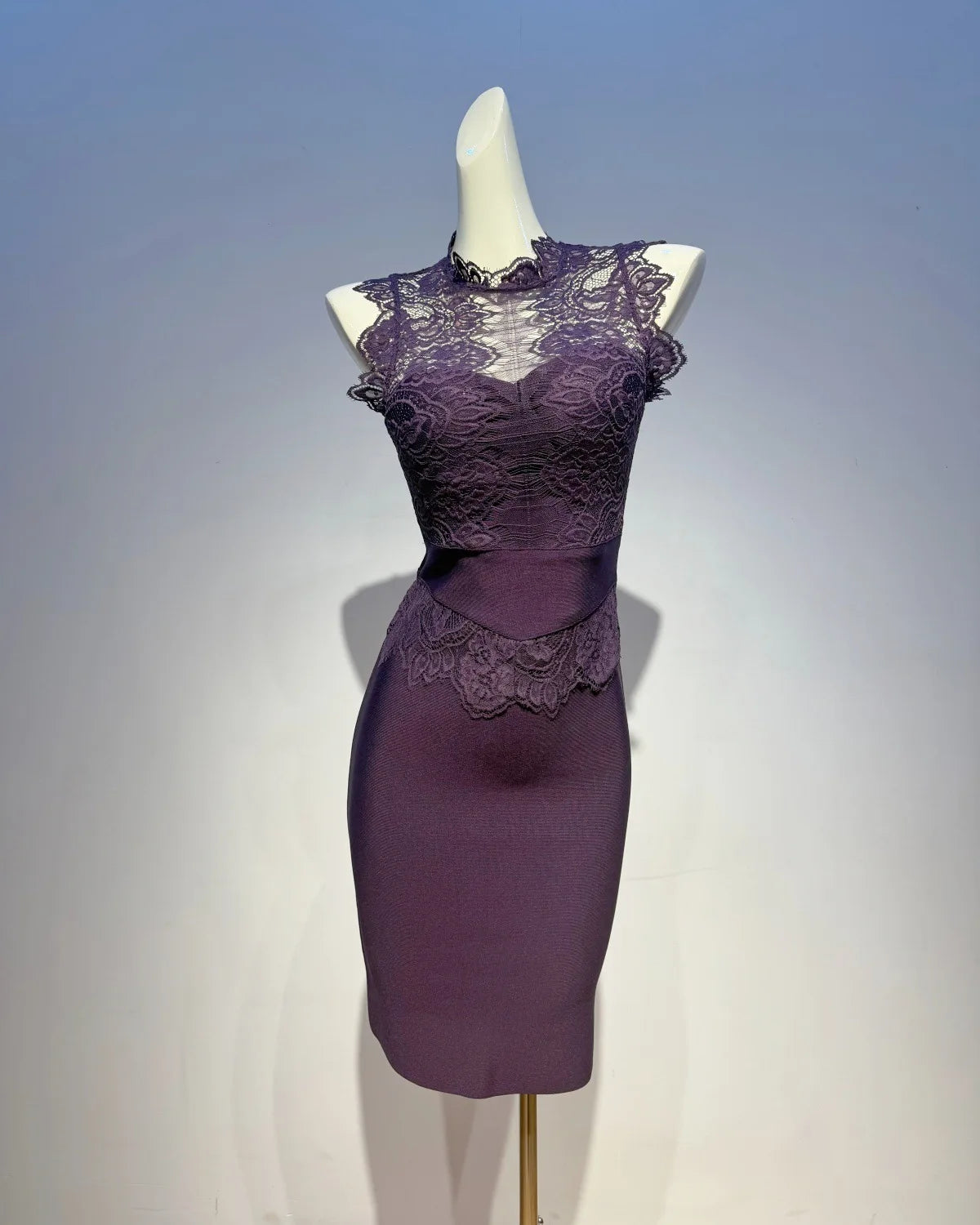 Trend4us Luxe Lace Illusion Bodycon High Waist Pencil Dress in purple