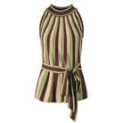 A sleeveless high-neck top with vertical stripes in olive green, brown, and beige, featuring a matching tie belt at the waist, shown against a plain white background.