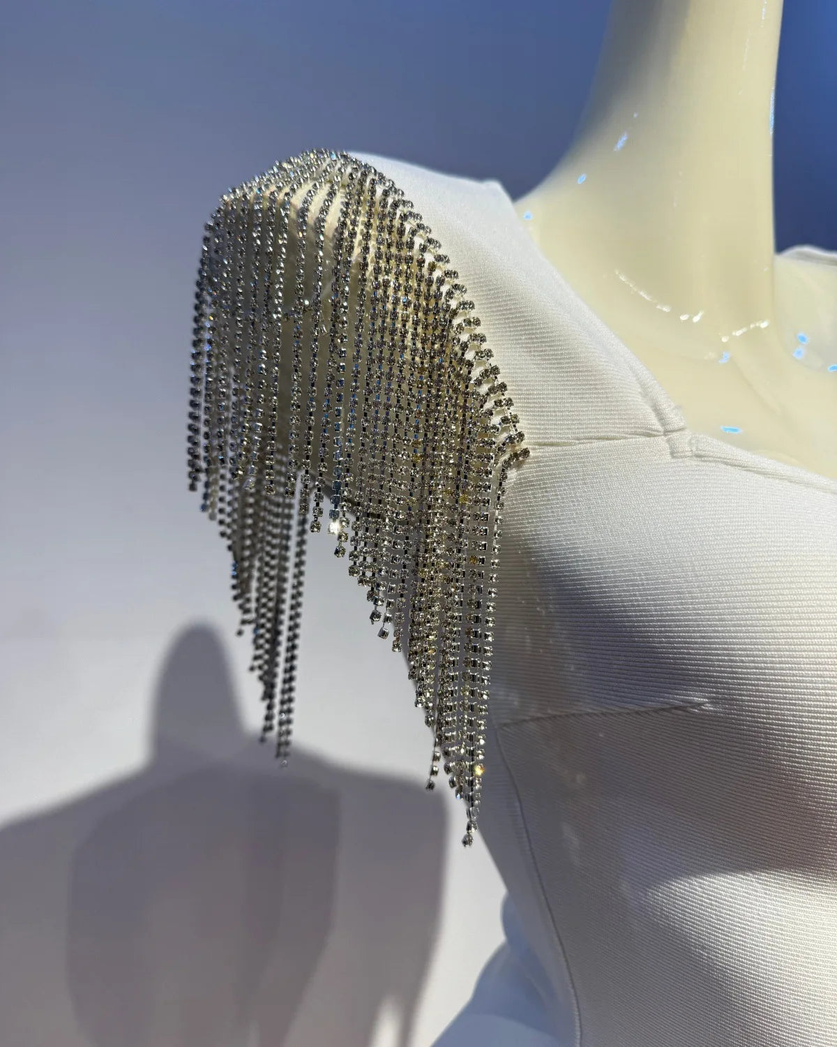 Trend4us Luxe Crystal Fringe Shoulder Bandage Mini Dress closer view