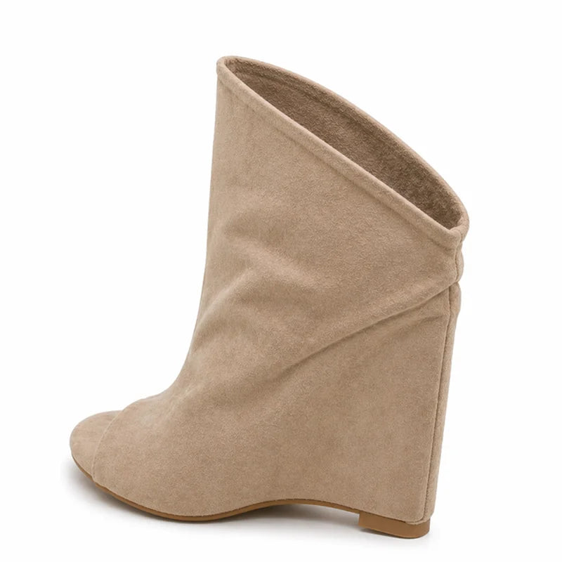 Trend4us Luxe Suede Peep-Toe Wedge Ankle Booties