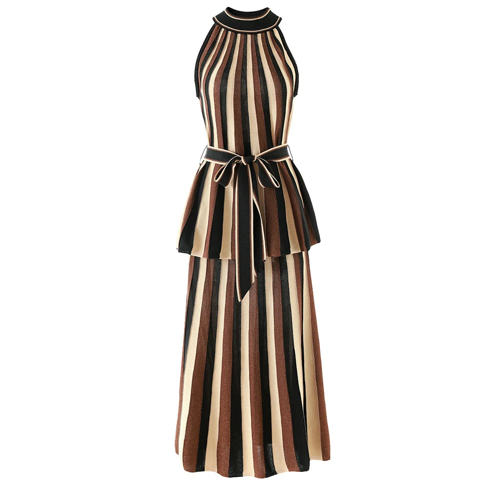 A sleeveless high-neck outfit set with vertical brown, beige, and black stripes, featuring a matching self-tie belt at the waist, shown against a plain white background.