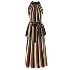 A sleeveless high-neck outfit set with vertical brown, beige, and black stripes, featuring a matching self-tie belt at the waist, shown against a plain white background.