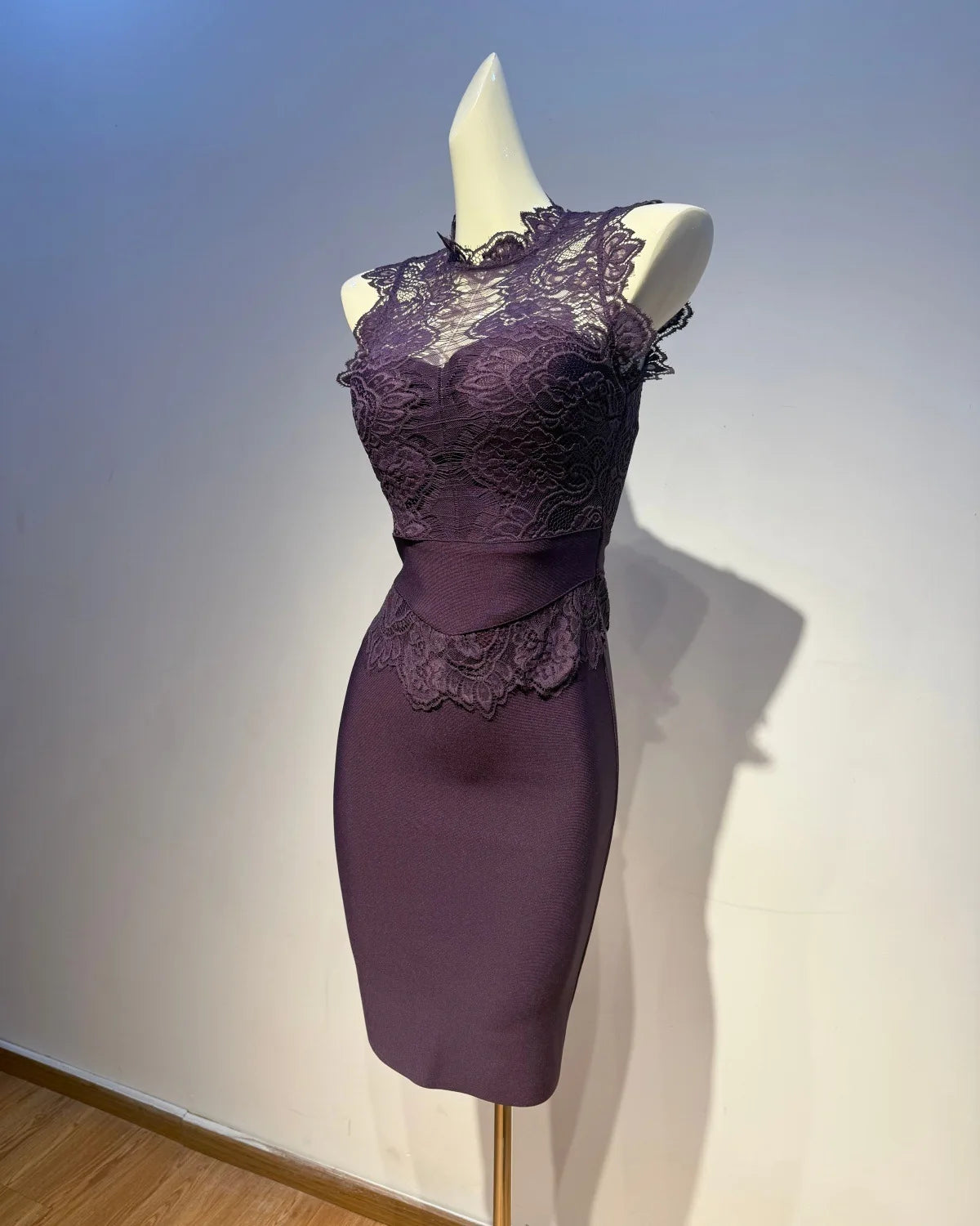 Trend4us Luxe Lace Illusion Bodycon High Waist Pencil Dress in purple