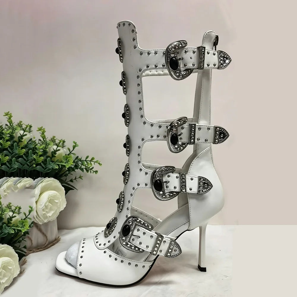 Trend4us Luxe Studded Buckle Cutout Gladiator Stiletto Boots