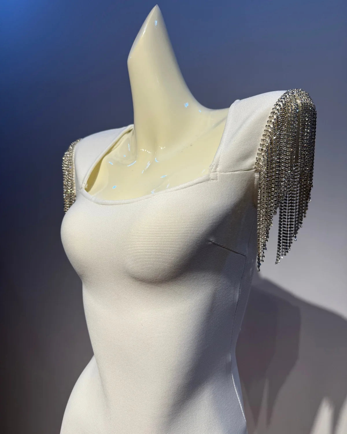 Trend4us Luxe Crystal Fringe Shoulder Bandage Mini Dress closer view