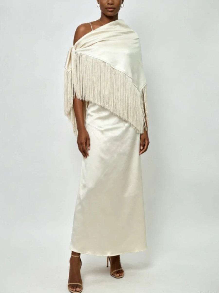 Trend4us Luxe Satin Fringe Shawl One-Shoulder Evening Dress