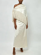 Trend4us Luxe Satin Fringe Shawl One-Shoulder Evening Dress