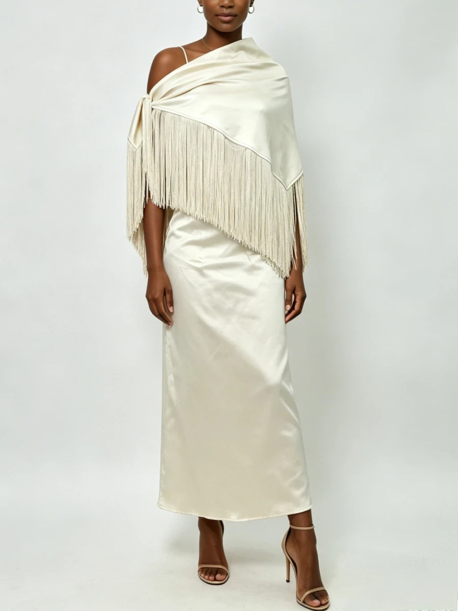 Trend4us Luxe Satin Fringe Shawl One-Shoulder Evening Dress