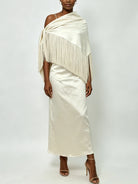 Trend4us Luxe Satin Fringe Shawl One-Shoulder Evening Dress