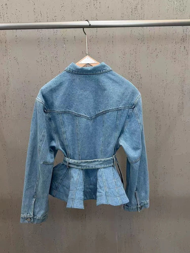 Trend4us Luxe Belted Peplum Denim Jacket & Ruffle Shorts Set in blue
