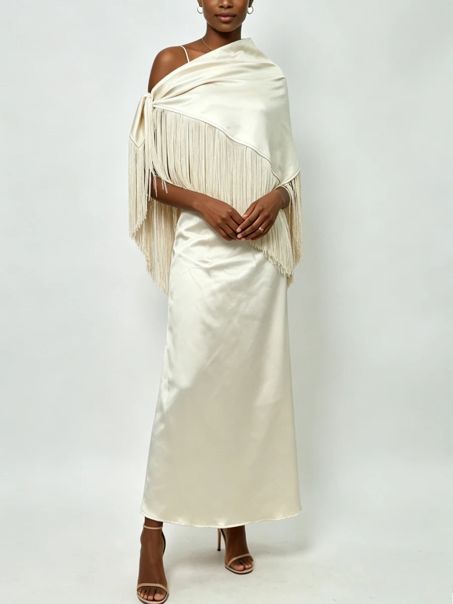 Trend4us Luxe Satin Fringe Shawl One-Shoulder Evening Dress