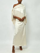 Trend4us Luxe Satin Fringe Shawl One-Shoulder Evening Dress