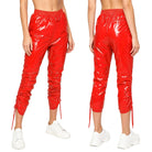 Trend4us Women's Glossy Ruched Drawstring Vinyl Cropped Pants - Red