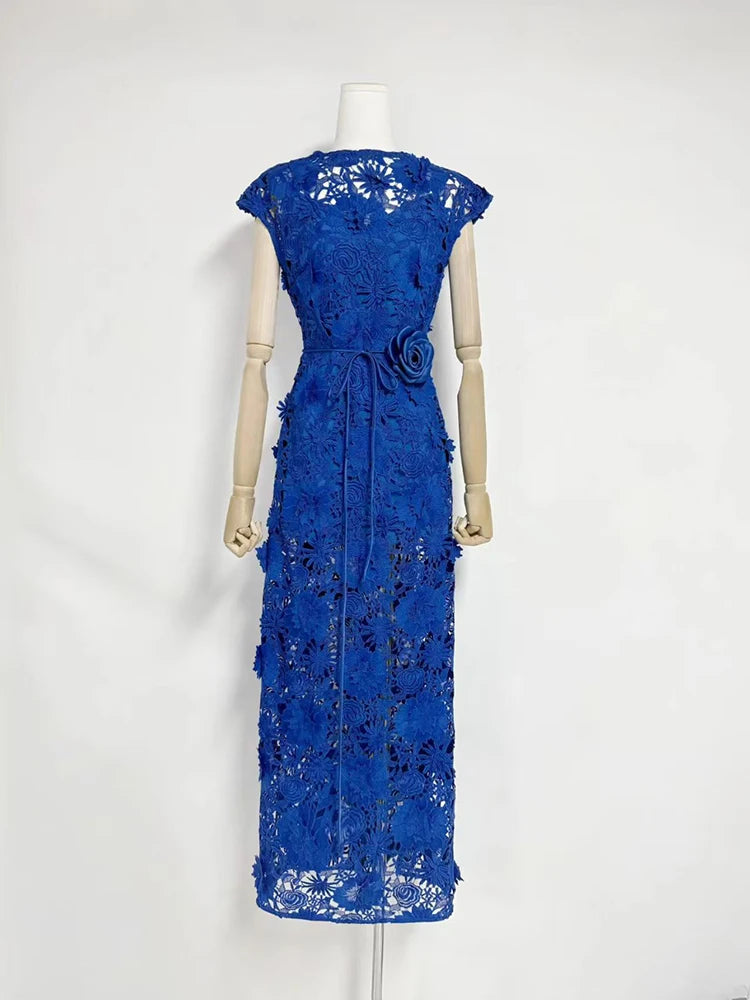 Trend4us Luxe 3D Floral Appliqué Sheer Evening Gown - Blue