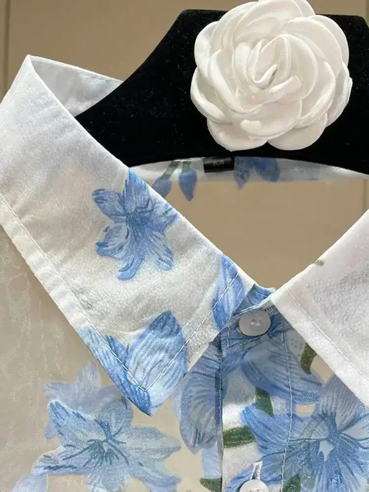 Trend4us Sheer Floral Print Blouse – Women's Sky Blue Button-Up