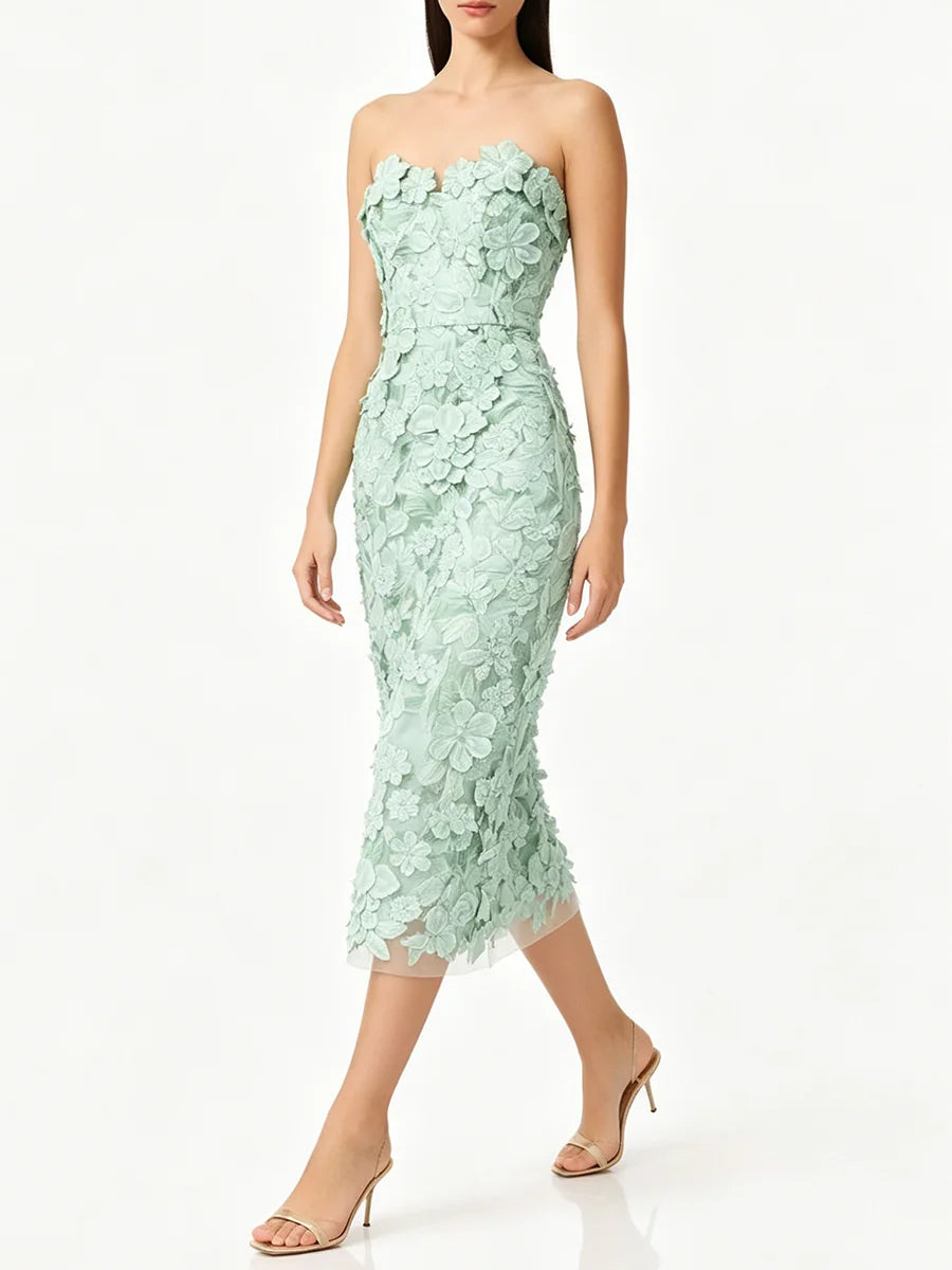 Trend4us Luxe Strapless 3D Floral Embroidered Midi Dress