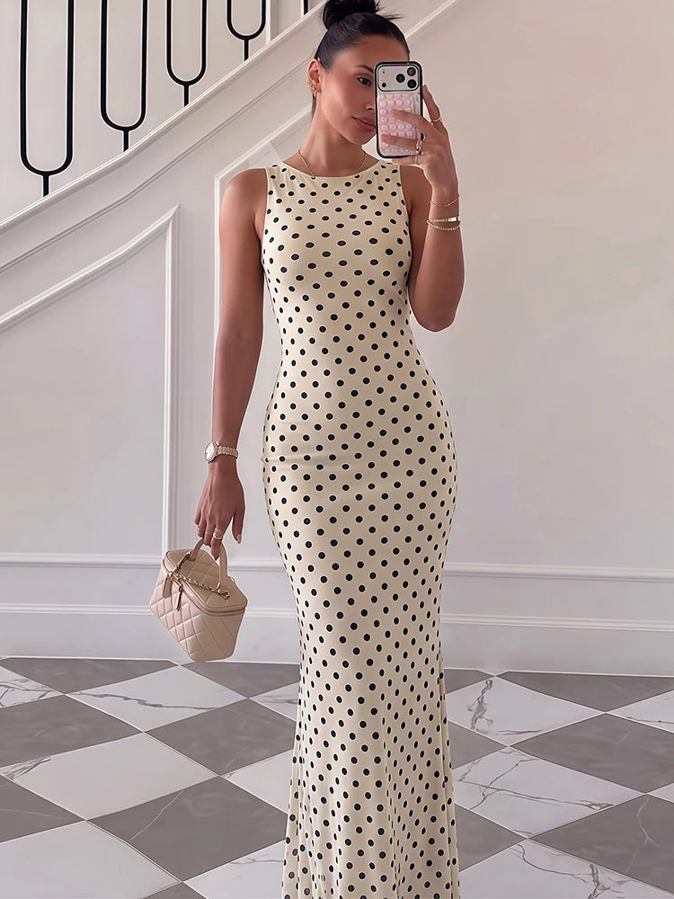 Trend4us Elegant Polka Dot Open-Back Maxi Dress