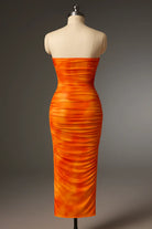 Trend4us Strapless Ruched Tie-Dye Slit Maxi Dress