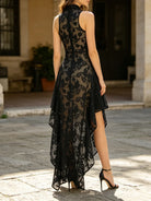 Trend4us Elegant Sheer Lace High-Neck Handkerchief Hem Dress