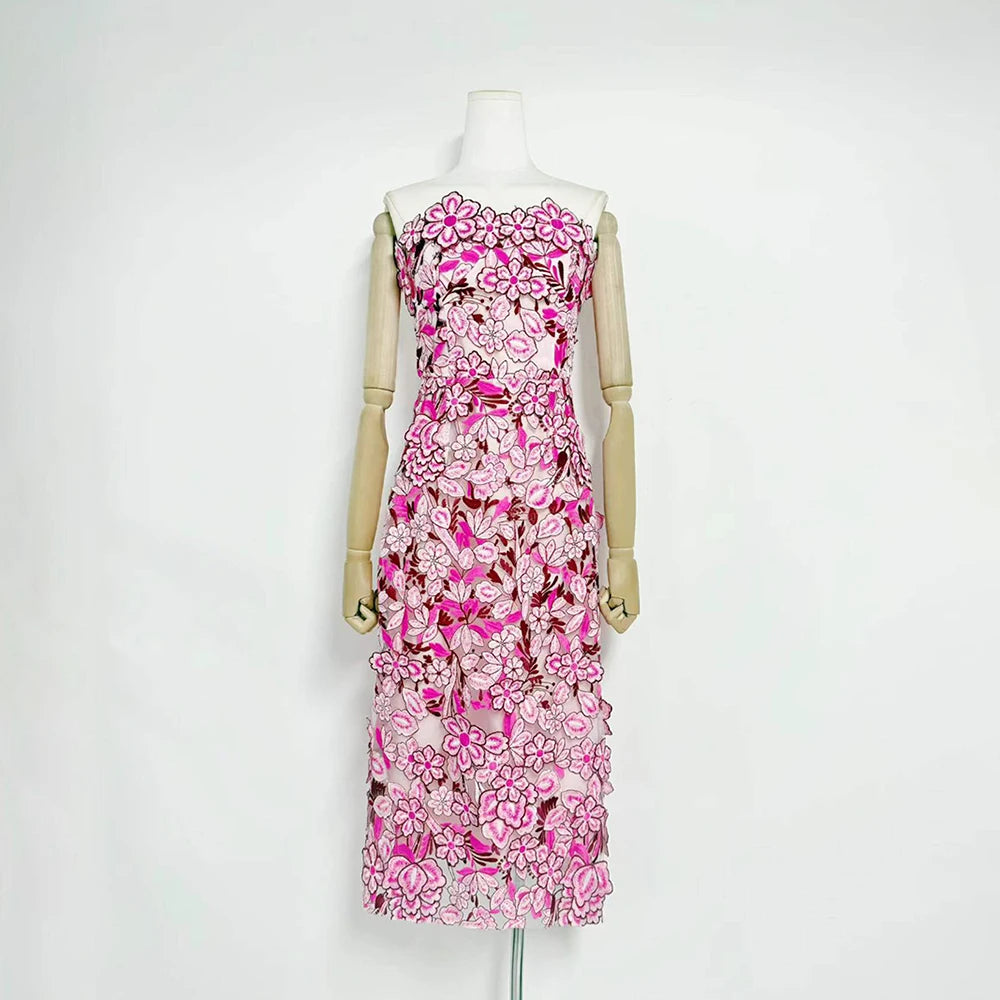 Trend4us Luxe Strapless 3D Floral Embroidered Midi Dress - Pink