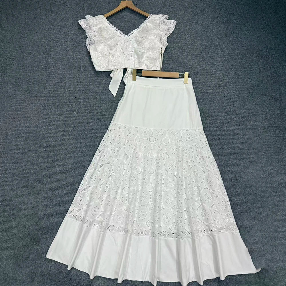 Trend4us Luxe Eyelet Lace Ruffle Crop Top & Midi Skirt Set - White