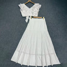 Trend4us Luxe Eyelet Lace Ruffle Crop Top & Midi Skirt Set - White