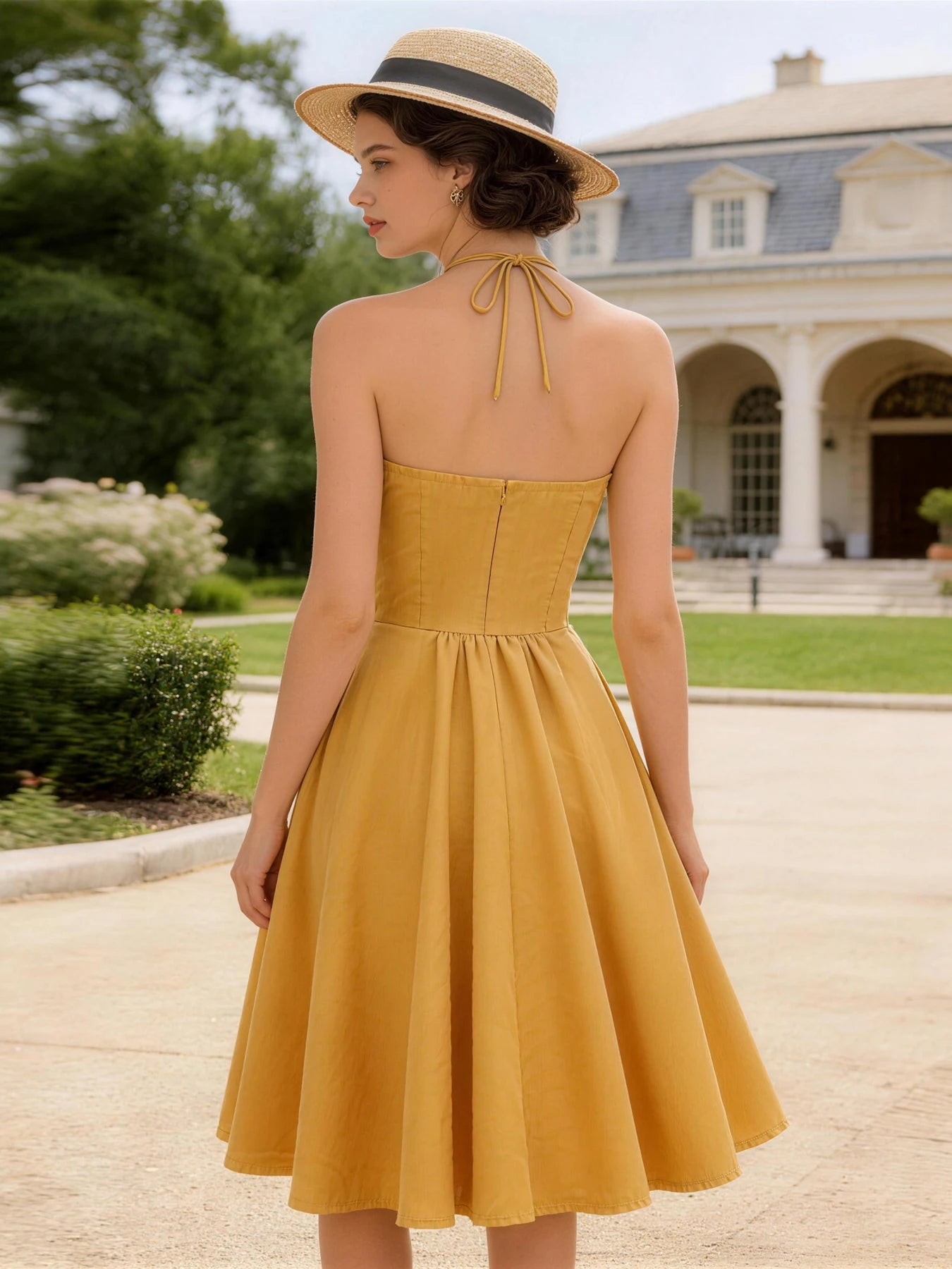 Trend4us Vintage Halter Ruched Summer Fit & Flare Dress in gold back view