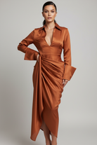 Trend4us Luxe Structured Draped Long Sleeve Ruched Dress