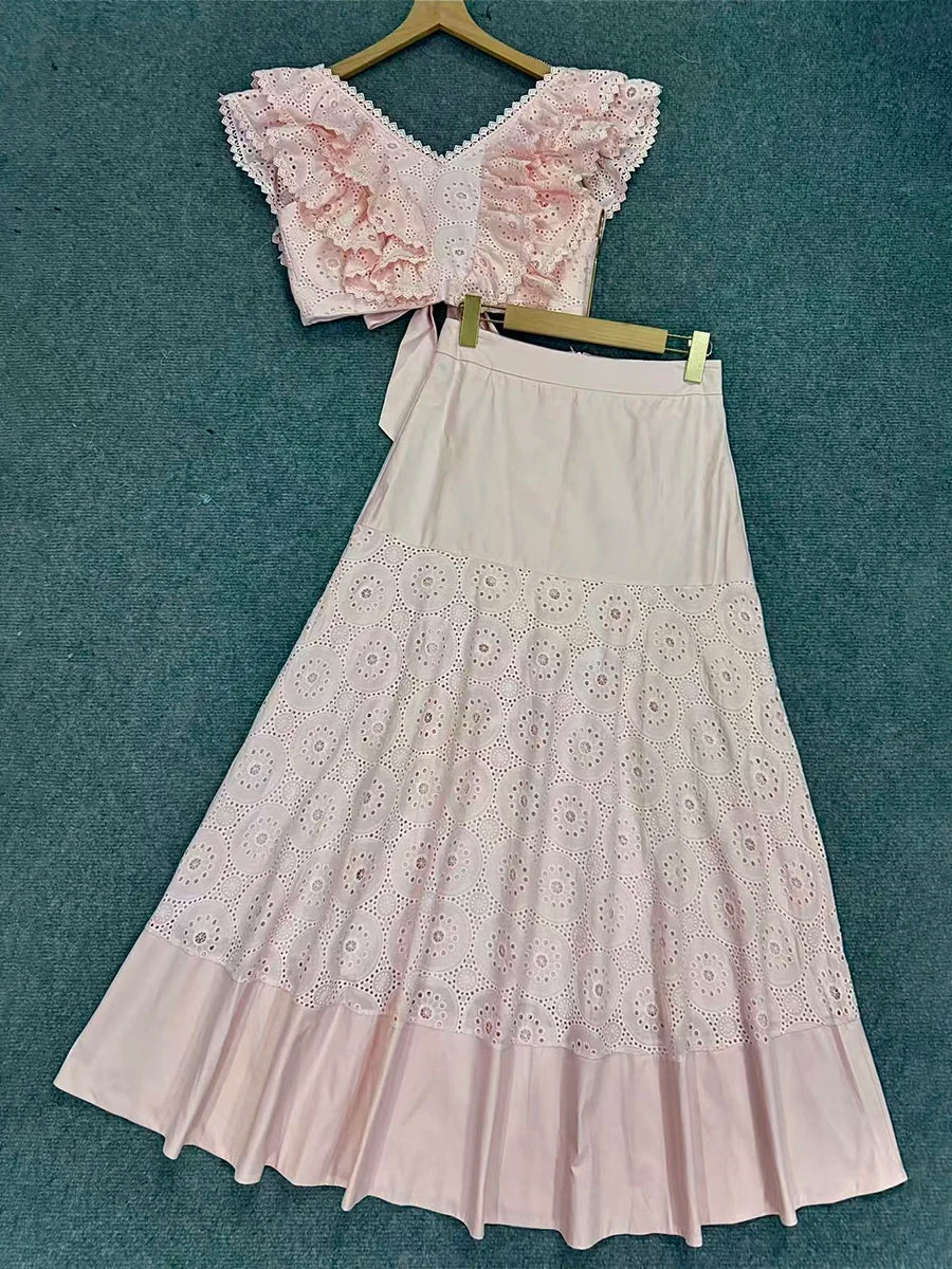 Trend4us Luxe Eyelet Lace Ruffle Crop Top & Midi Skirt Set - Pink