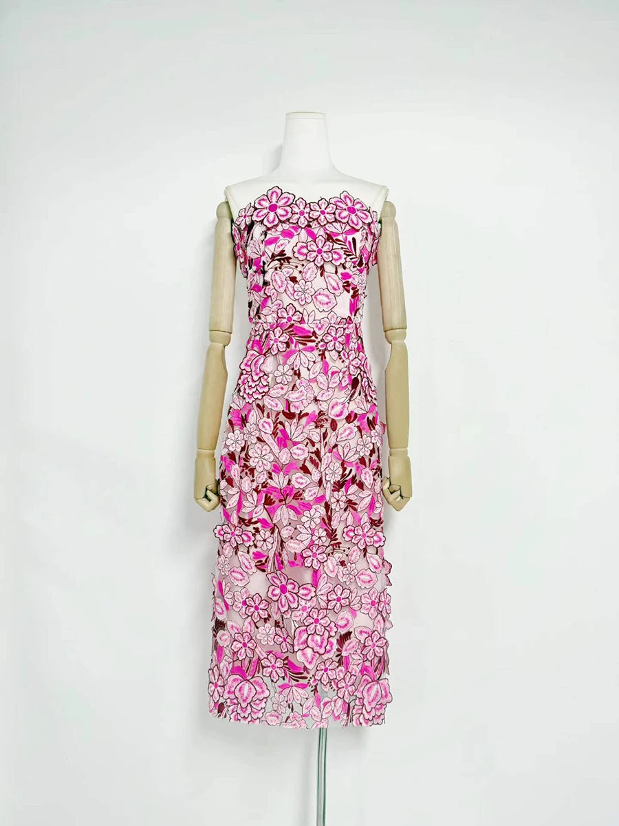 Trend4us Luxe Strapless 3D Floral Embroidered Midi Dress