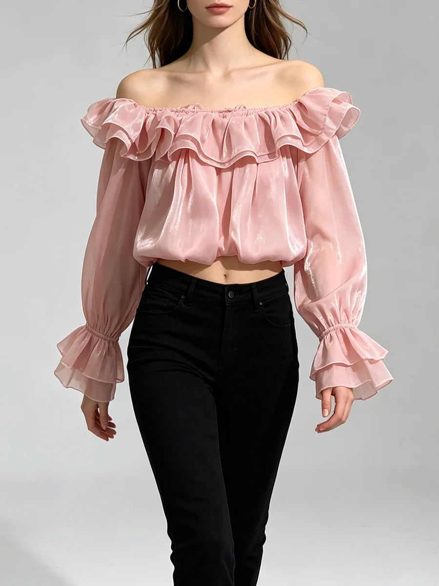 Trend4us Luxe Off-Shoulder Ruffle Organza Crop Blouse