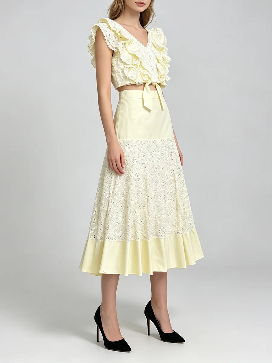 Trend4us Luxe Eyelet Lace Ruffle Crop Top & Midi Skirt Set