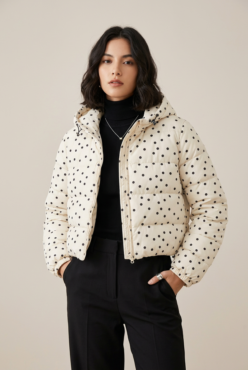 A woman models a cream-colored puffer jacket with black polka dots, worn over a black turtleneck and black trousers, against a solid beige studio background.