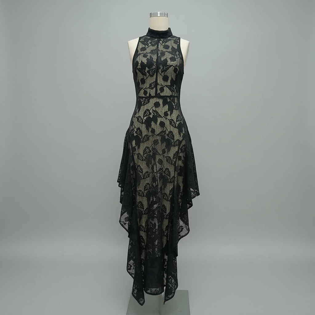 Trend4us Elegant Sheer Lace High-Neck Handkerchief Hem Dress