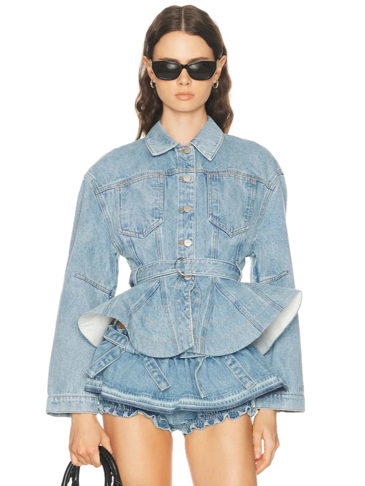 Trend4us Luxe Belted Peplum Denim Jacket & Ruffle Shorts Set in blue