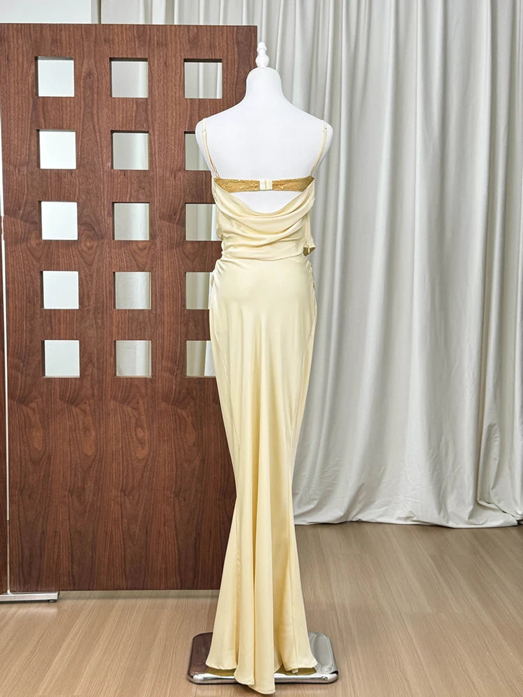 Trend4us Luxe Satin Lace Cowl Neck Maxi Skirt Set – Cream
