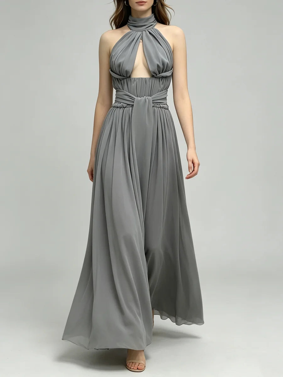 Trend4us Luxe Draped Halter Cutout Backless Evening Gown - Gray