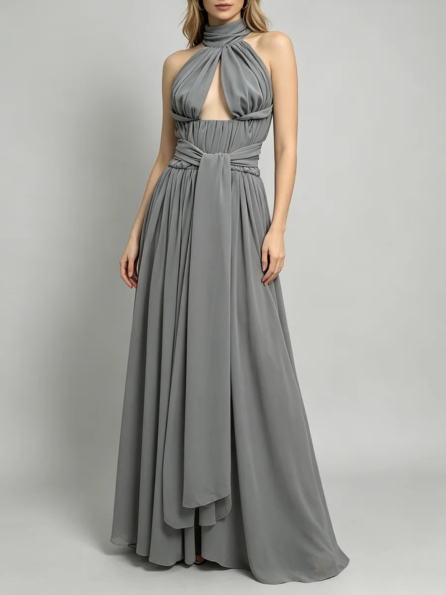 Trend4us Luxe Draped Halter Cutout Backless Evening Gown - Gray