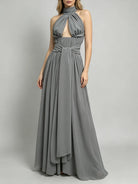 Trend4us Luxe Draped Halter Cutout Backless Evening Gown - Gray