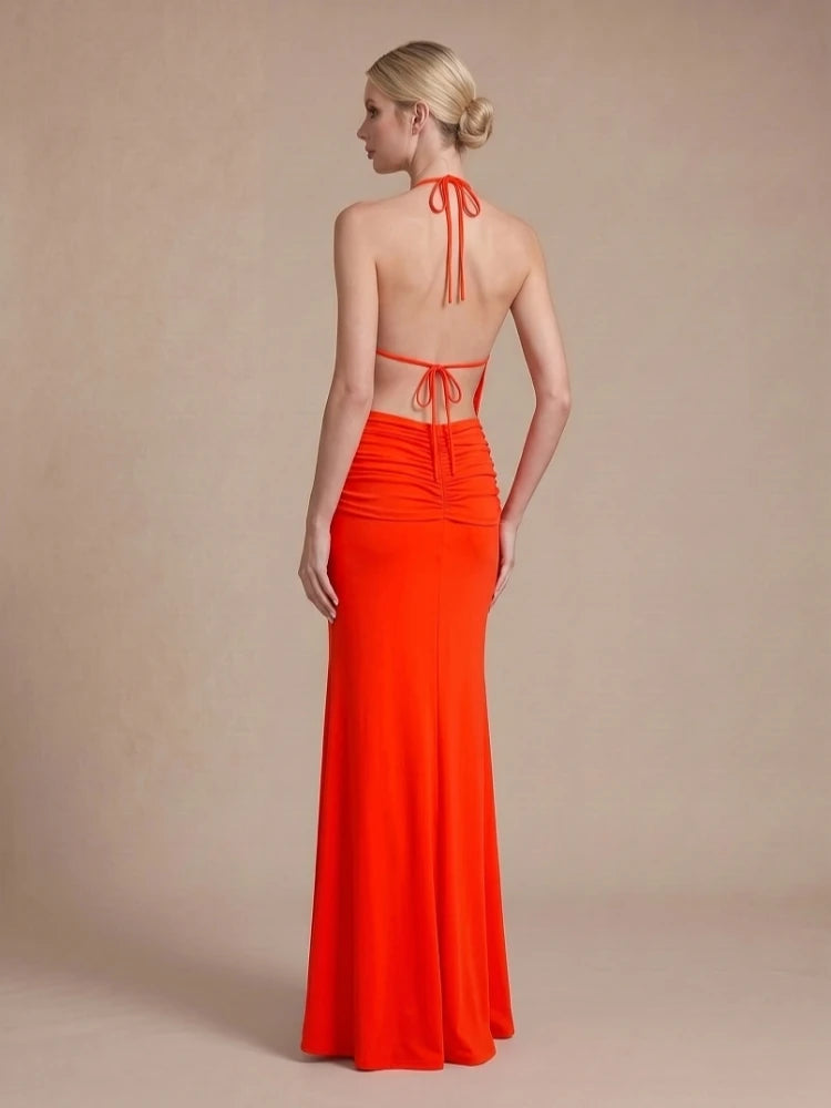 Trend4us Luxe Backless Halter Ruched Mermaid Maxi Dress in red back view