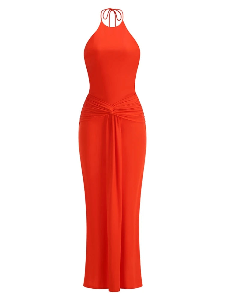 Trend4us Luxe Backless Halter Ruched Mermaid Maxi Dress in red