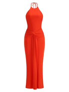 Trend4us Luxe Backless Halter Ruched Mermaid Maxi Dress in red