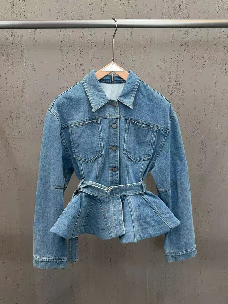 Trend4us Luxe Belted Peplum Denim Jacket & Ruffle Shorts Set in blue