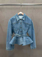 Trend4us Luxe Belted Peplum Denim Jacket & Ruffle Shorts Set in blue