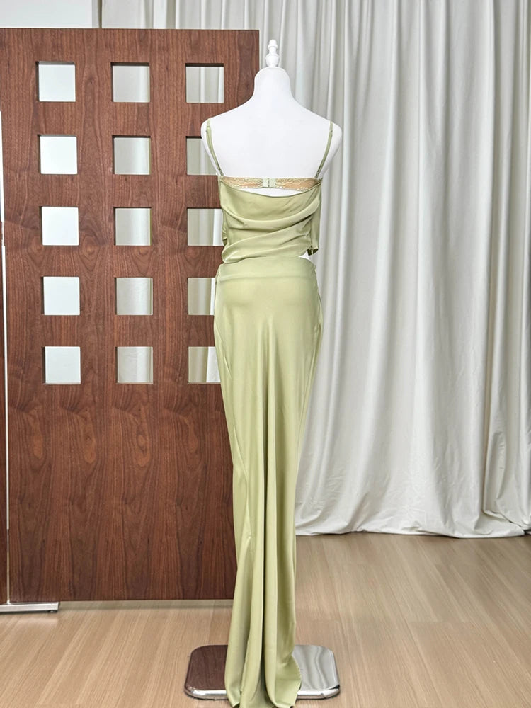 Trend4us Luxe Satin Lace Cowl Neck Maxi Skirt Set – Green